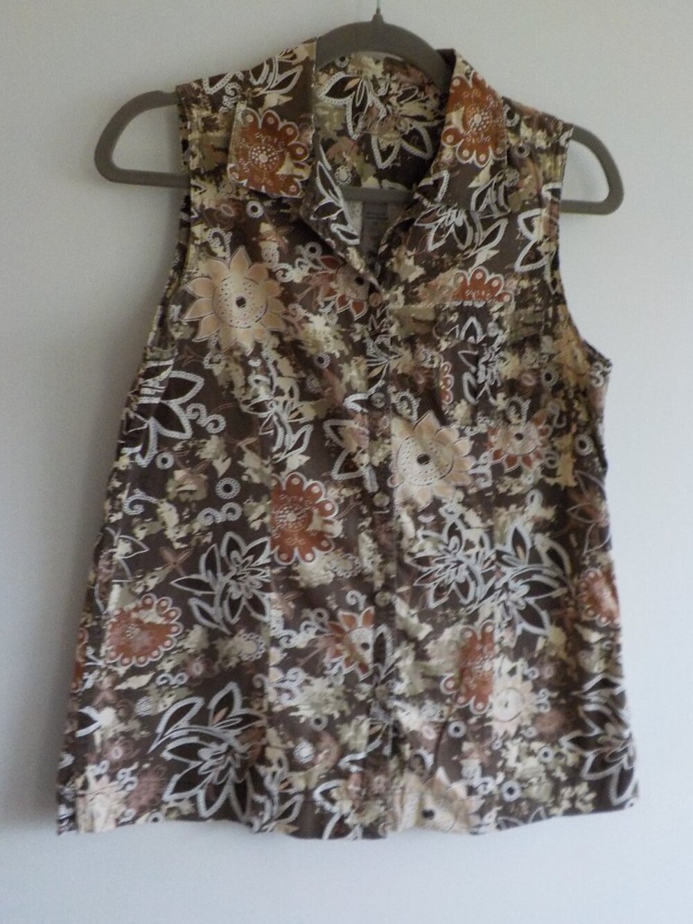 Brisas Blouse - Medium - Button Up Brown Flower Sleeveless COTTON (2281)